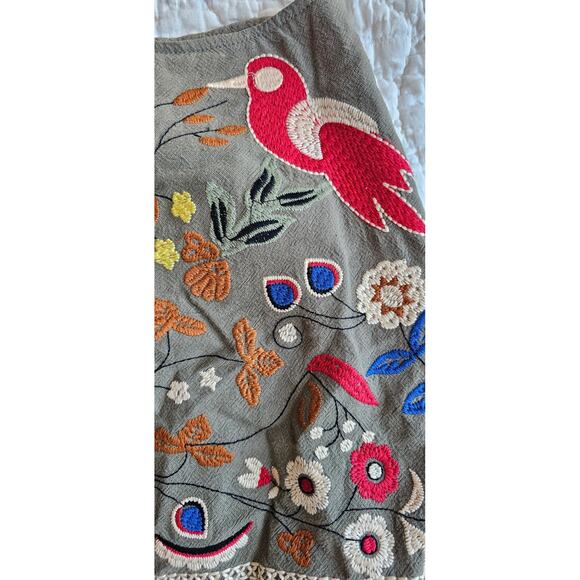Umgee Lace Hem Embroidered Birds and‎ Floral Artsy Mini Skirt Women Size M Olive - Picture 3 of 5